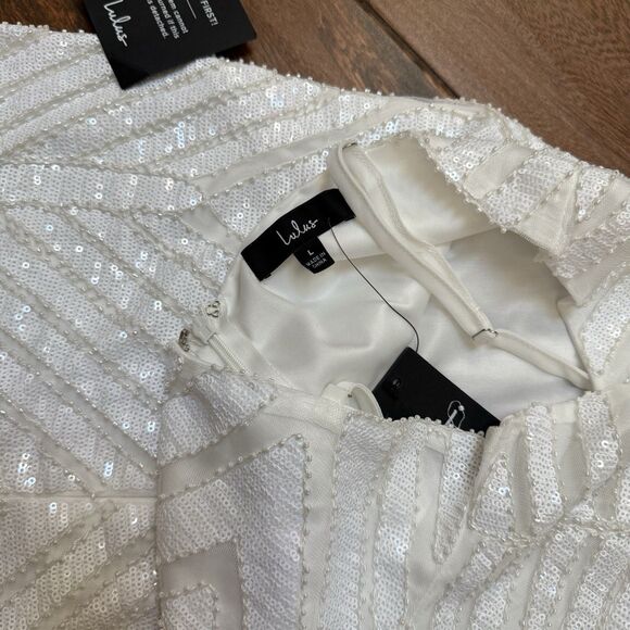 Homecoming Dress Lulus 10541 White Beaded Sleeveless Mini Bodycon Sz L NWT - Picture 9 of 10